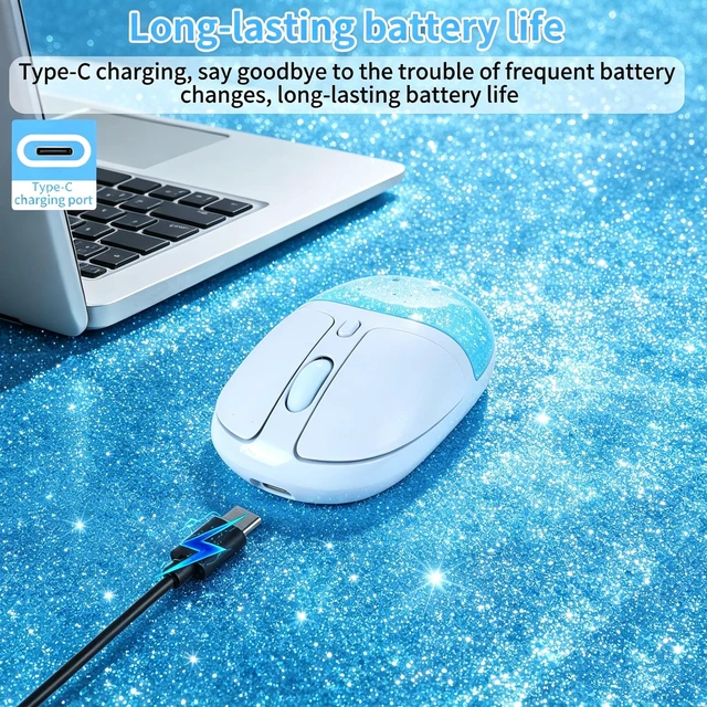 Alt view image 4 of 5 - Wireless Bluetooth Mouse-2.4G USB Dual Mode Cute Clear Aqua Glitter Liquid Sand Water Mice, 4000D-PI Portable Retro Cordless Silent Rechargeable LED Breathing Light for Laptop PC iPad Mac Gift