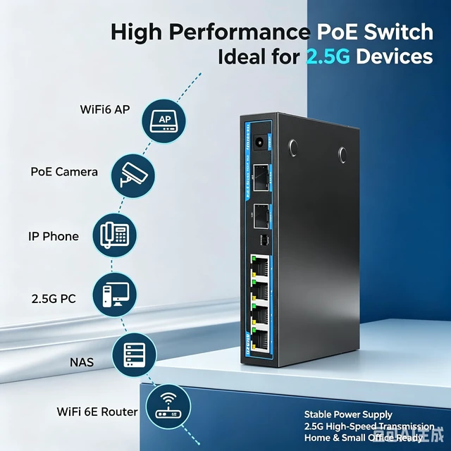Alt view image 3 of 5 - TEROW 2.5Gb 4 Port PoE RJ45 and 2*10Gb SFP+ Uplink PoE+ Switch,IEEE802.3af/at, Up to 30W,Total 65W, Base-T,Desktop/Wall Mount, for AP & IP Cameras, WiFi 6,NAS,Home,Gaming,Office,Plug & Play Fanless