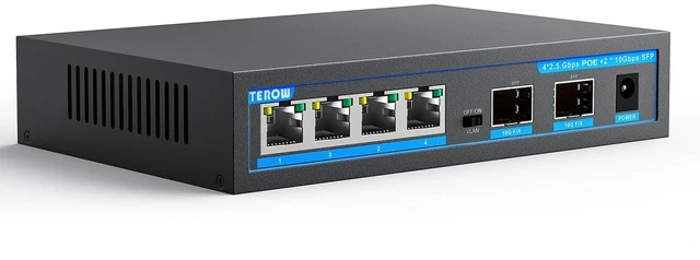 Main image of TEROW 2.5Gb 4 Port PoE RJ45 and 2*10Gb SFP+ Uplink PoE+ Switch,IEEE802.3af/at, Up to 30W,Total 65W, Base-T,Desktop/Wall Mount, for AP & IP Cameras, WiFi 6,NAS,Home,Gaming,Office,Plug & Play Fanless