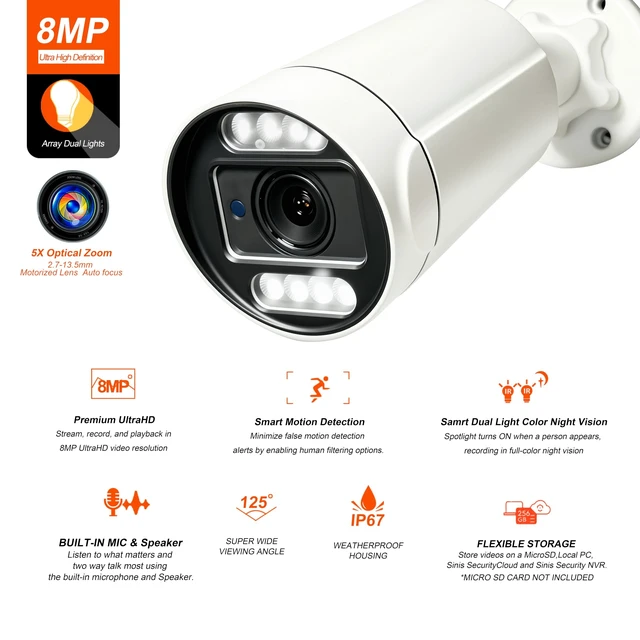 Alt view image 2 of 5 - SINIS 4k PoE Security IP Camera, Outdoor 5X Optical Zoom Bullet Camera