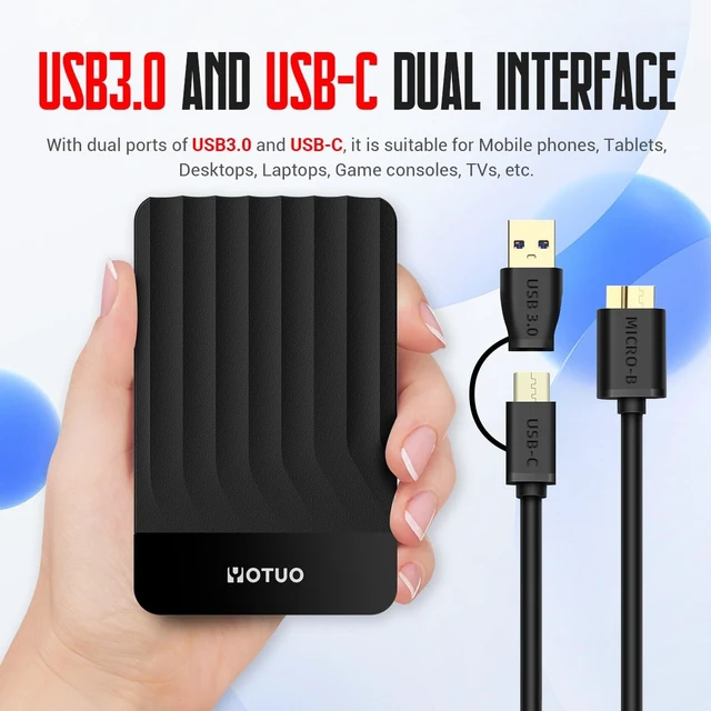 Alt view image 2 of 5 - YOTUO 1TB External Hard Drive, Portable Storage Expansion HDD, USB 3.0 & USB-C for PC, Mac, Desktop, Laptop, Smartphone, PS4, Xbox One, Xbox 360, Office & Game, Black