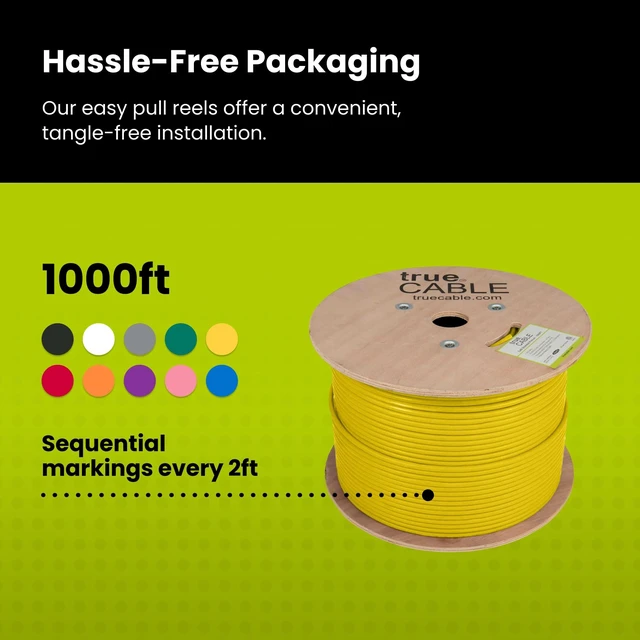Alt view image 5 of 5 - TRUE CABLE Cat6 Plenum Shielded (CMP), 1000ft, Yellow, 23AWG Solid Bare Copper, 550MHz, PoE++ (4PPoE), ETL Listed, Overall Aluminum Foil Shield (F/UTP), Bulk Ethernet Cable