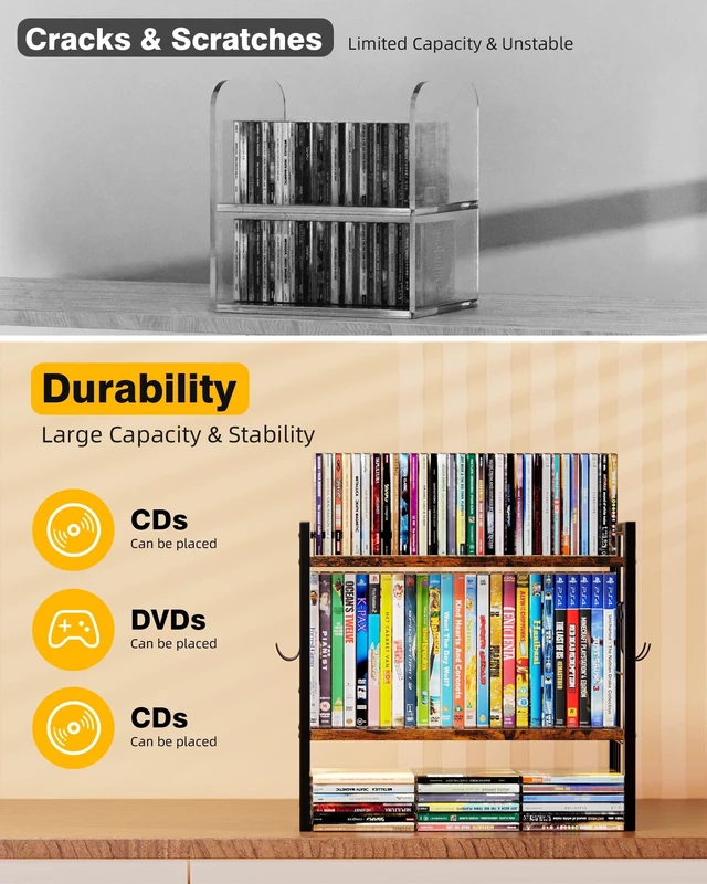 Alt view image 4 of 5 - PAPAGIFTREE 2-Tier CD Storage Rack, DVD Storage Display Rack with 4 Hooks