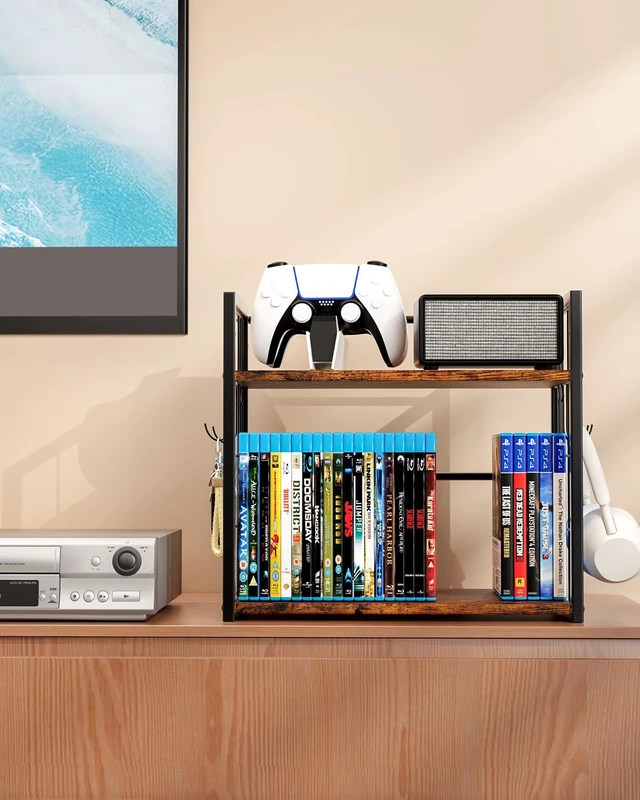 Alt view image 5 of 5 - PAPAGIFTREE 2-Tier CD Storage Rack, DVD Storage Display Rack with 4 Hooks