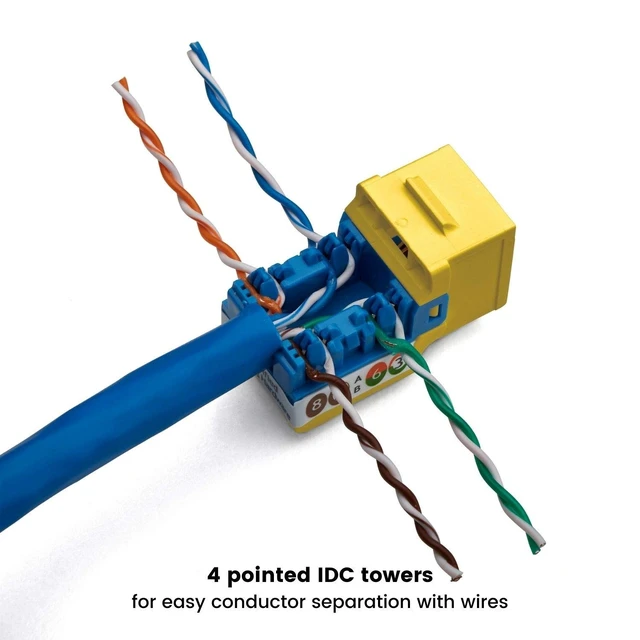 Alt view image 4 of 5 - TRUE CABLE Cat6 Keystone Jack, Unshielded (UTP), 90 Degree Punch-Down, PoE++ (4PPoE) 100W, UL Listed, ETL Verified, ANSI/TIA Certified, Modular RJ45 Female, Yellow, 12 Pack