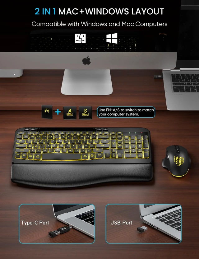 Alt view image 4 of 5 - SABLUTE Wireless Keyboard and Mouse Combo, Ergonomic Wave with Wrist Rest