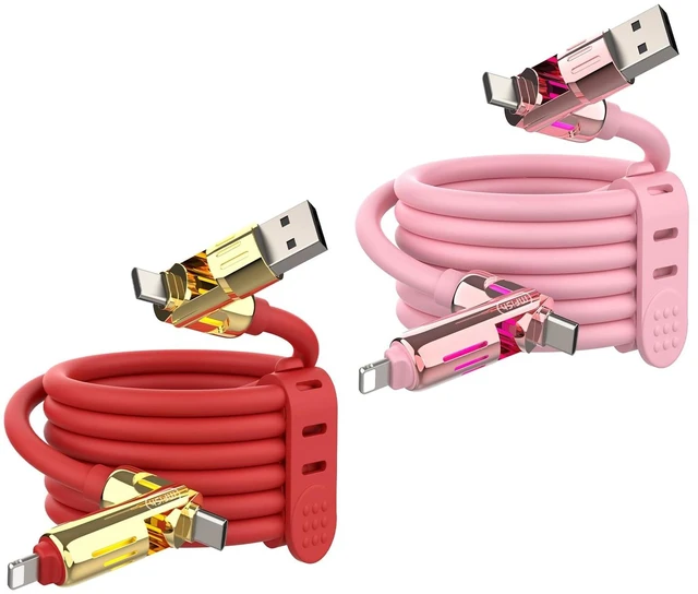 Main image of MFish 2-Pack 240W 4-in-1 Multi Charging Cable, Pink+Red, 6.6FT
