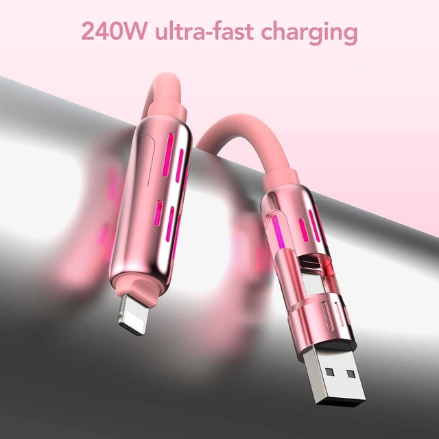 Alt view image 5 of 5 - MFish 2-Pack 240W 4-in-1 Multi Charging Cable, Pink+Red, 6.6FT