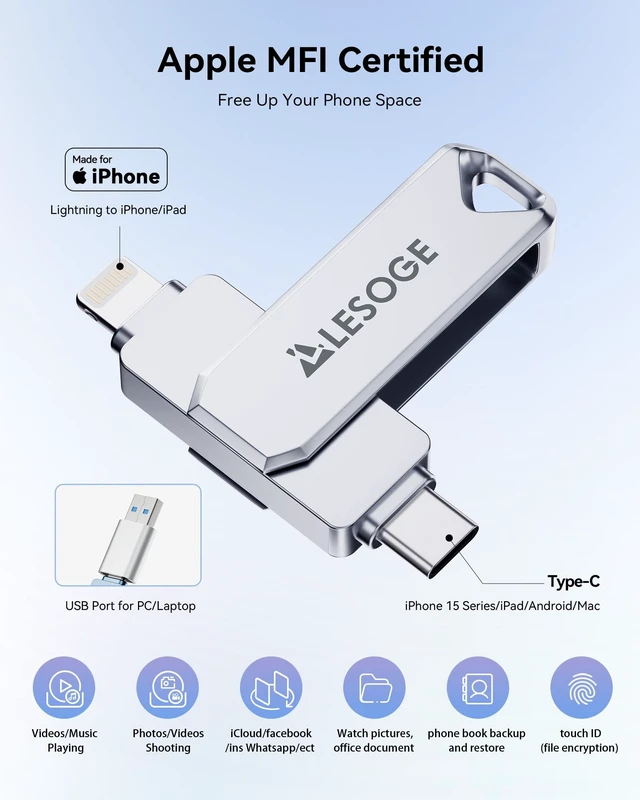 Alt view image 2 of 5 - MFi Certified 255GB Flash Drive for iPhone Photo Stick Thumb Drive, USB Memory Stick iPhone Flash Drive for Photos Videos, High Speed Jump Drive External Storage for iPhone/iPad/Android/PC (Grey)