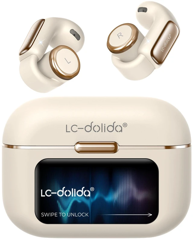 Main image of LC-dolida Open-Ear Wireless Earbuds with Smart LED Display Case, Clip On Earbuds All-Day Comfort & Situational Awareness, Case Control for Volume, EQ, Music, Find My Earbuds & Camera, Silvery W