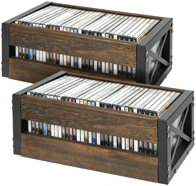 Main image of GLOMAXLY 2 Pack Wooden CD Storage Box Holder Shelf Retro Metal Frame CD Storage Rack Farmhouse DVD Storage Cabinet Shelf Display Racks for Movie Cases, DVDsDesktop Game Disc and Media Collection