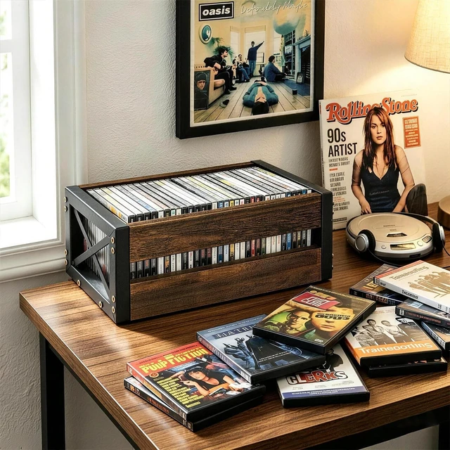 Alt view image 4 of 5 - GLOMAXLY 2 Pack Wooden CD Storage Box Holder Shelf Retro Metal Frame CD Storage Rack Farmhouse DVD Storage Cabinet Shelf Display Racks for Movie Cases, DVDsDesktop Game Disc and Media Collection