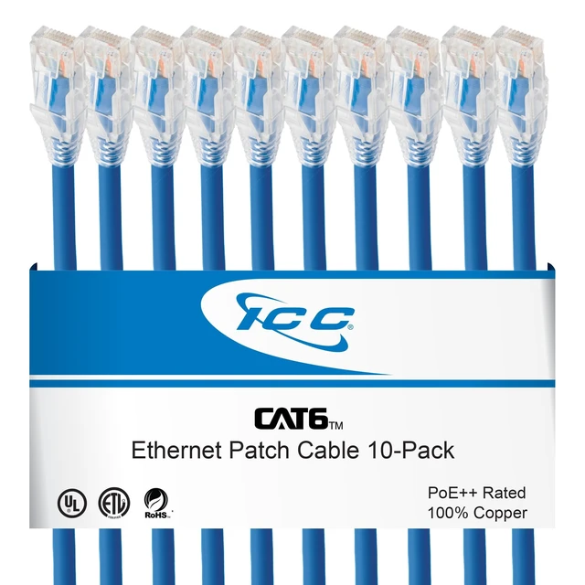 Main image of ICC CAT6 Ethernet Patch Cable, RJ45 UTP, 550 MHz, 7 FT, Blue, 10-Pack