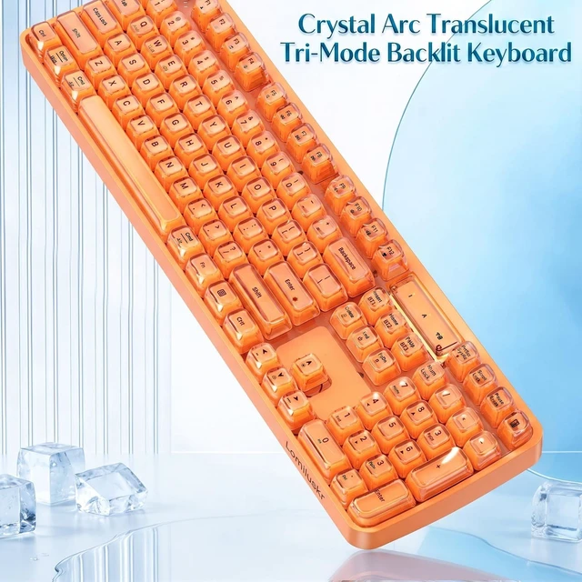 Alt view image 2 of 5 - Lomiluskr RGB Arc Wireless Keyboard, BT/2.4G/Wired Tri-Mode, Full Size Crystal Texture Translucent Jelly Keycaps, 2000mAh Rechargeable, Compatible with PC/Notebook/Tablet/Smartphone (Orange)