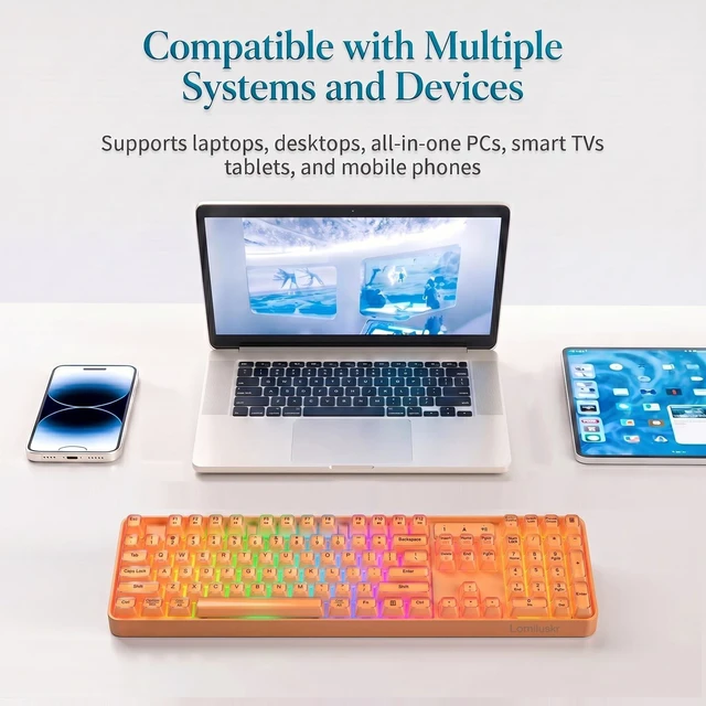 Alt view image 3 of 5 - Lomiluskr RGB Arc Wireless Keyboard, BT/2.4G/Wired Tri-Mode, Full Size Crystal Texture Translucent Jelly Keycaps, 2000mAh Rechargeable, Compatible with PC/Notebook/Tablet/Smartphone (Orange)