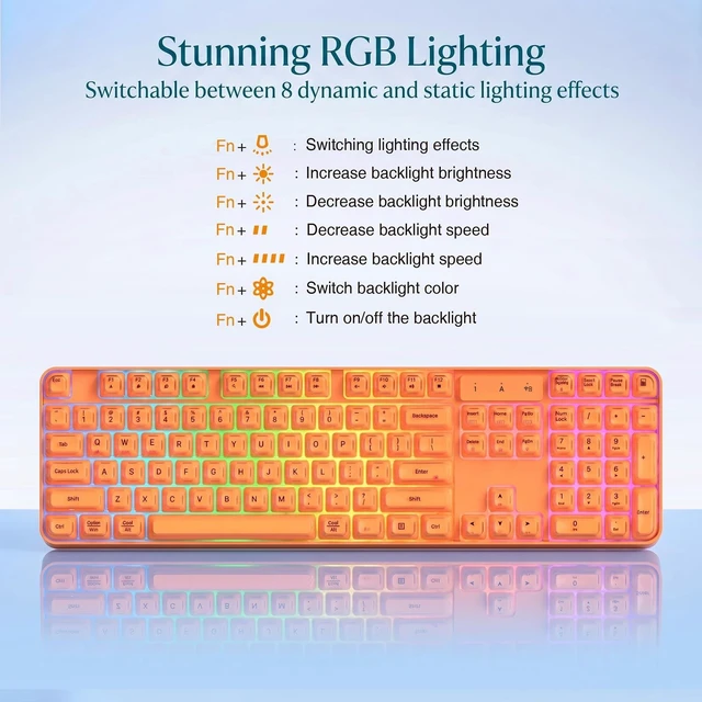 Alt view image 4 of 5 - Lomiluskr RGB Arc Wireless Keyboard, BT/2.4G/Wired Tri-Mode, Full Size Crystal Texture Translucent Jelly Keycaps, 2000mAh Rechargeable, Compatible with PC/Notebook/Tablet/Smartphone (Orange)
