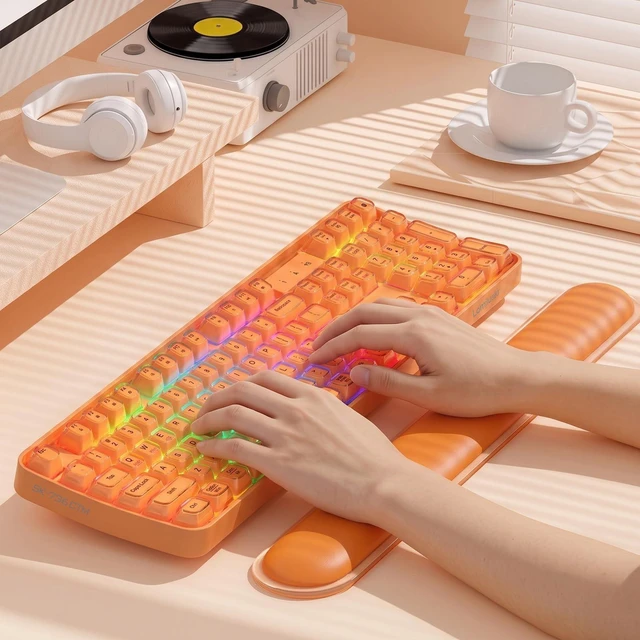 Alt view image 5 of 5 - Lomiluskr RGB Arc Wireless Keyboard, BT/2.4G/Wired Tri-Mode, Full Size Crystal Texture Translucent Jelly Keycaps, 2000mAh Rechargeable, Compatible with PC/Notebook/Tablet/Smartphone (Orange)