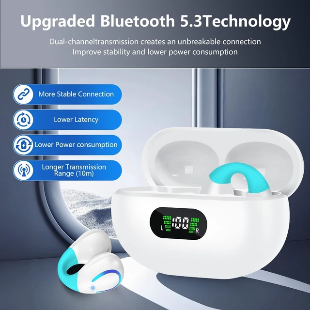 Alt view image 3 of 5 - Ultra Open Ear Headphones Bluetooth 5.3 Wireless Bone Conduction Clip On Earbuds with Digital Display Charging Case 60 Hours Playtime Sport Earphones IPX7 Waterproof for Running Fitness White-B