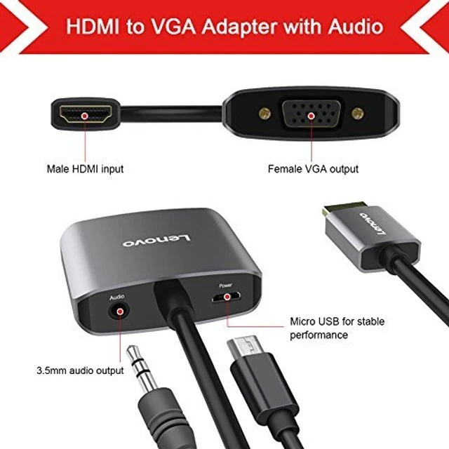 Alt view image 2 of 3 - Lenovo HDMI To VGA Adapter With Audio, Gold-Plated 1080P Active HDMI To VGA Converter With Micro USB, 3.5mm Audio Port