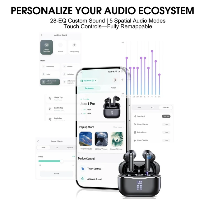 Alt view image 5 of 5 - Active Noise Cancelling Ear Buds Wireless Earbuds HiFi Sound 60H Playtime