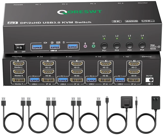 Main image of KVM Switch 3 Monitors 4 PC with Audio, HDMI DisplayPort Triple Monitor KVM Switcher 4 Computers 3 Monitors, Support 8K30Hz/4k60/4k144Hz, Suitable for Office, Gaming, Programmer Setup