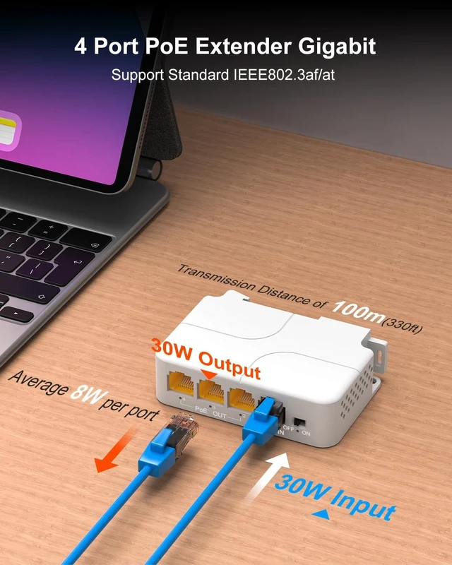 Alt view image 4 of 5 - VIMIN 4-Port Gigabit PoE Extender, 1 in 3 Out Indoor PoE Repeater Support IEEE802.3af/at with 1000Mbps, Extend Additional 100m(328ft), Wall and Din Rail Mount, Plug & Play