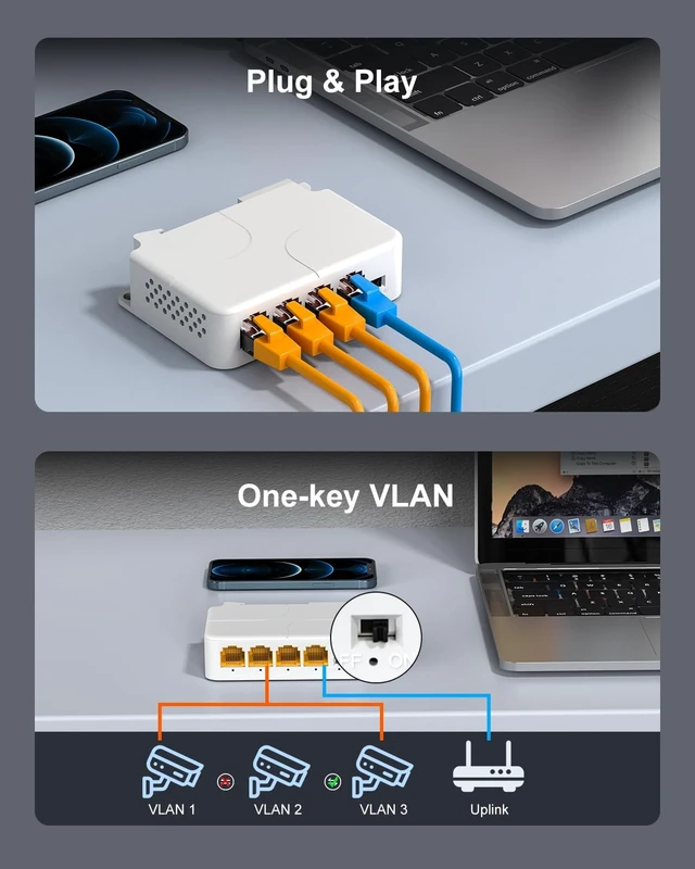 Alt view image 3 of 5 - VIMIN 4-Port Gigabit PoE Extender, 1 in 3 Out Indoor PoE Repeater Support IEEE802.3af/at with 1000Mbps, Extend Additional 100m(328ft), Wall and Din Rail Mount, Plug & Play