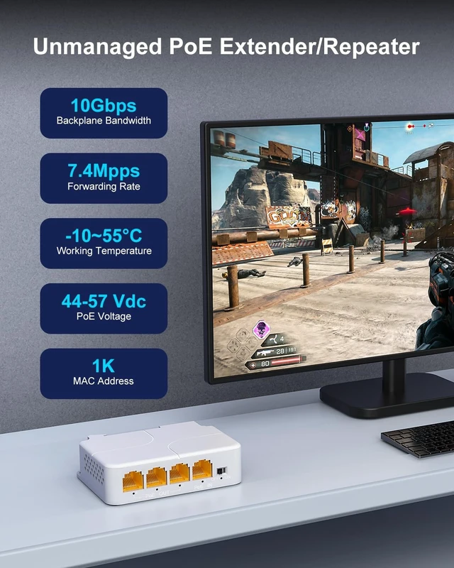 Alt view image 5 of 5 - VIMIN 4-Port Gigabit PoE Extender, 1 in 3 Out Indoor PoE Repeater Support IEEE802.3af/at with 1000Mbps, Extend Additional 100m(328ft), Wall and Din Rail Mount, Plug & Play