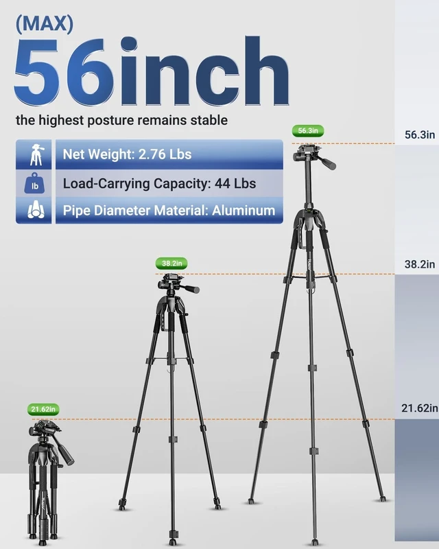 Alt view image 2 of 5 - Laser Level Tripod, Huepar 56 Extendable Height Tripod for Line Lasers, Point Lasers, Laser Distance Measures, 1/4" and 5/8" Thread Mount, Multi-Function Hook, Non-Skid Feet, TPD14