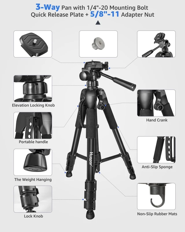 Alt view image 4 of 5 - Laser Level Tripod, Huepar 56 Extendable Height Tripod for Line Lasers, Point Lasers, Laser Distance Measures, 1/4" and 5/8" Thread Mount, Multi-Function Hook, Non-Skid Feet, TPD14