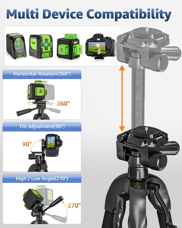 Alt view image 3 of 5 - Laser Level Tripod, Huepar 56 Extendable Height Tripod for Line Lasers, Point Lasers, Laser Distance Measures, 1/4" and 5/8" Thread Mount, Multi-Function Hook, Non-Skid Feet, TPD14