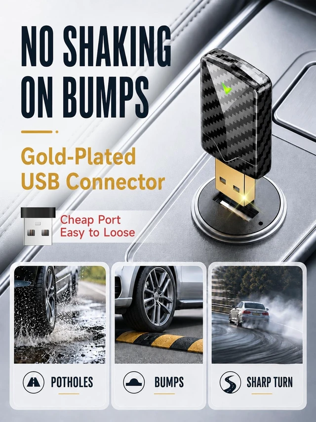 Alt view image 2 of 5 - PTGTO Wireless CarPlay Adapter - Convert Wired to Wireless, Fast Auto Connect and No Lag, Plug & Play USB with Gold-Plated Connector, Carbon Fiber Design, Compatible with iPhone 6 or Abo