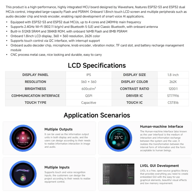 Alt view image 4 of 5 - Waveshare ESP32-S3 1.8inch Knob Display Development Board, Multi-Functional Knob Screen, Capacitive Touch, 2.4GHz Wi-Fi & BLE Wireless, PC Volume Control, PC Secondary Screen, CNC Metal Case, N
