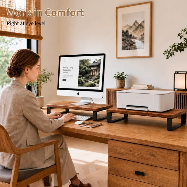 Alt view image 3 of 5 - XINYAO 2 Pack Monitor Riser for Desk, Wood and Steel, 16*12*3 inch, Brown