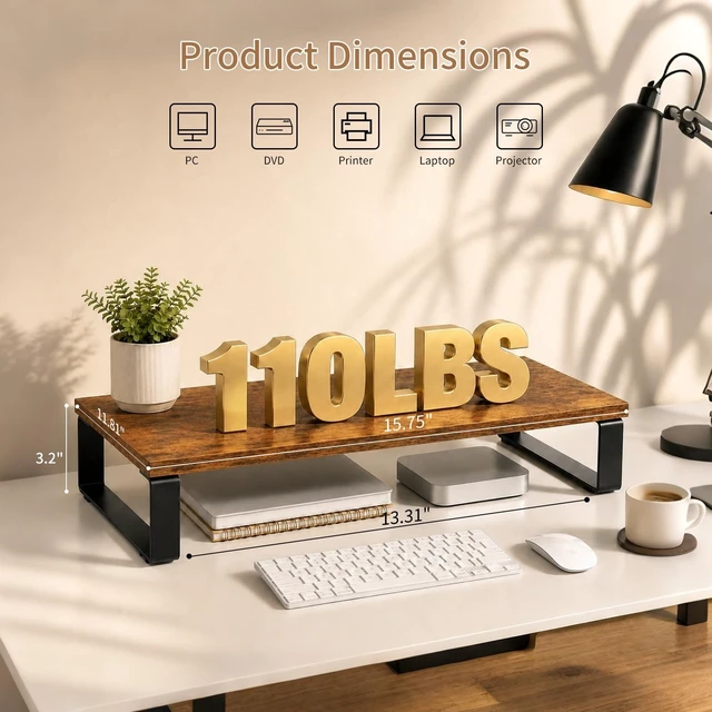 Alt view image 2 of 5 - XINYAO 2 Pack Monitor Riser for Desk, Wood and Steel, 16*12*3 inch, Brown