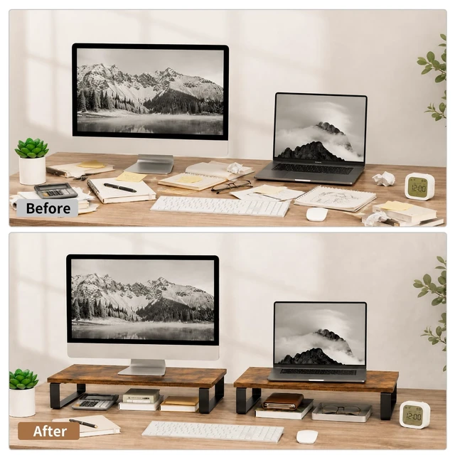 Alt view image 5 of 5 - XINYAO 2 Pack Monitor Riser for Desk, Wood and Steel, 16*12*3 inch, Brown