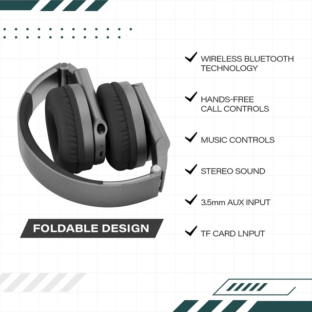 Alt view image 4 of 5 - Over Ear Bluetooth Headphones, Mic & AUX Input, Foldable Headset, 20-HR