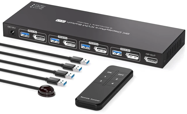 Main image of 8K Displayport KVM Switch 4 Computers 1 Monitor 4K144Hz 4 Port KVM Sharing 1 Monitor and 4 USB 3.0 Device with Controller Support Extended/Copy Mode