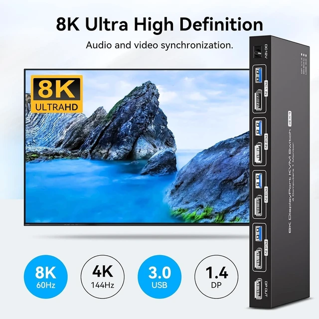 Alt view image 5 of 5 - 8K Displayport KVM Switch 4 Computers 1 Monitor 4K144Hz 4 Port KVM Sharing 1 Monitor and 4 USB 3.0 Device with Controller Support Extended/Copy Mode