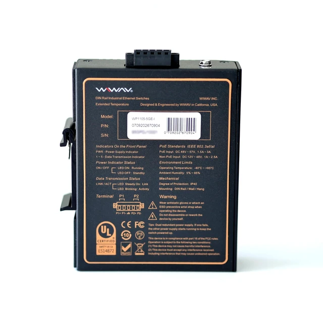 Alt view image 4 of 5 - WIWAV WP1105-5GE-I 10/100/1000Mbps Unmanaged 5-Port PoE Gigabit Industrial Ethernet Switches with DIN Rail/Wall-Mount (UL Listed, IP40, -40 to 85)