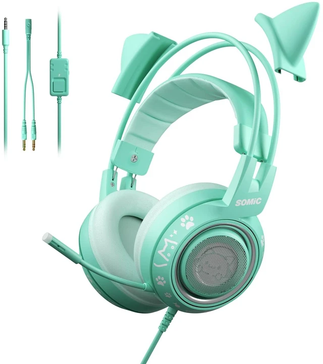 Main image of SOMIC G951S Green Gaming Headset with Microphone for PS4, PS5, Xbox One, PC, Cat Ear Headphones Over Ear with in-Line Mic Control, Stereo Sound for Girls, Woman
