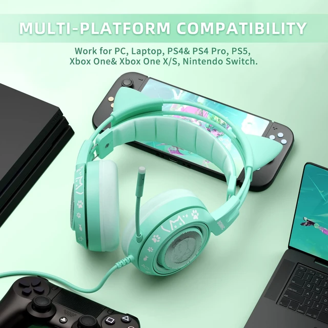 Alt view image 2 of 5 - SOMIC G951S Green Gaming Headset with Microphone for PS4, PS5, Xbox One, PC, Cat Ear Headphones Over Ear with in-Line Mic Control, Stereo Sound for Girls, Woman