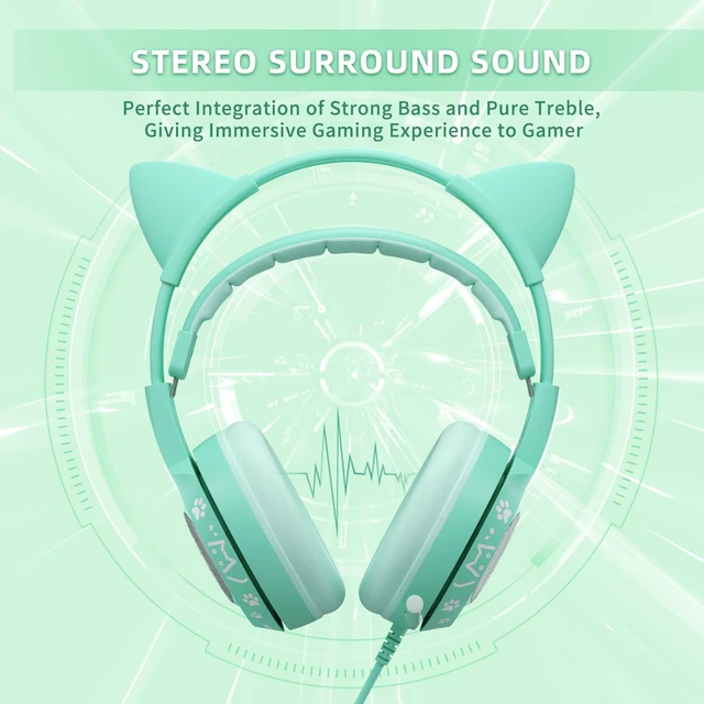 Alt view image 3 of 5 - SOMIC G951S Green Gaming Headset with Microphone for PS4, PS5, Xbox One, PC, Cat Ear Headphones Over Ear with in-Line Mic Control, Stereo Sound for Girls, Woman