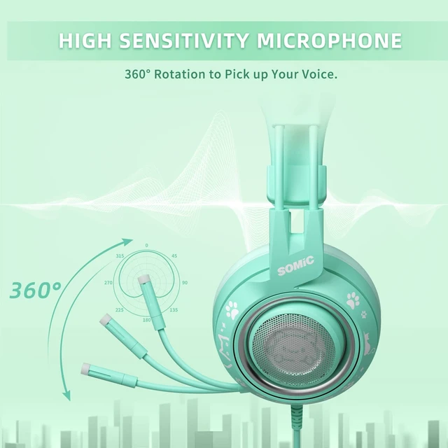 Alt view image 4 of 5 - SOMIC G951S Green Gaming Headset with Microphone for PS4, PS5, Xbox One, PC, Cat Ear Headphones Over Ear with in-Line Mic Control, Stereo Sound for Girls, Woman