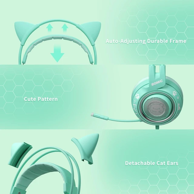 Alt view image 5 of 5 - SOMIC G951S Green Gaming Headset with Microphone for PS4, PS5, Xbox One, PC, Cat Ear Headphones Over Ear with in-Line Mic Control, Stereo Sound for Girls, Woman