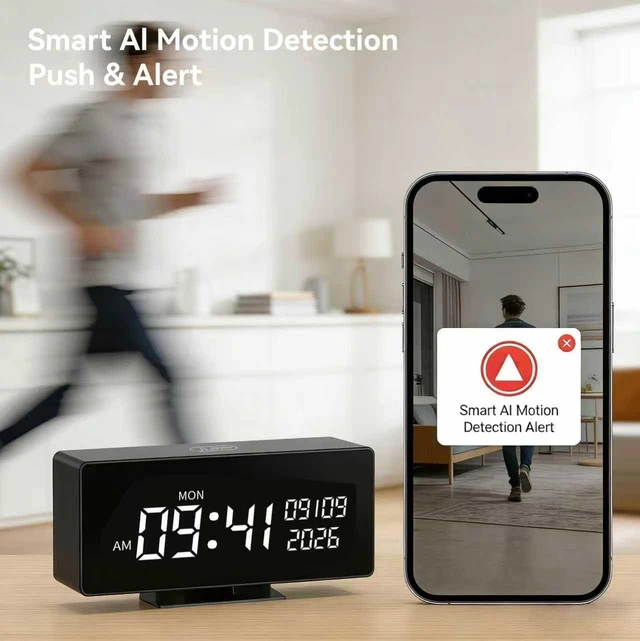 Alt view image 4 of 5 - Clock Camera, 1080P Full HD, Security Camera, with Night Vision, Bluetooth ConnectionAI Motion Detection Alarm, Local & Cloud Storage, Nanny Camera for Indoor Home Security
