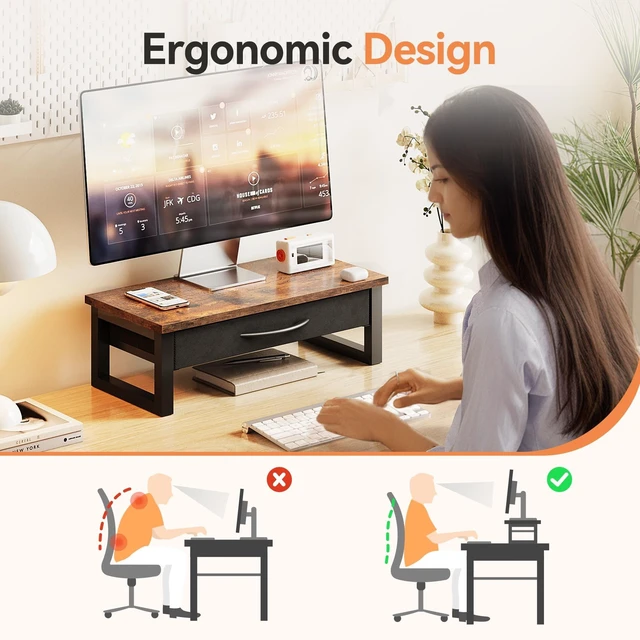 Alt view image 2 of 5 - HEWORLIF Computer Monitor Stand Riser with Drawer, 2-Tier Desk Accessories & Workspace Organizers, Laptop Stand for Desk with Storage, Office Organization, Wood