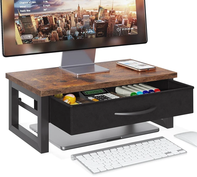 Main image of HEWORLIF Computer Monitor Stand Riser with Drawer, 2-Tier Desk Accessories & Workspace Organizers, Laptop Stand for Desk with Storage, Office Organization, Wood
