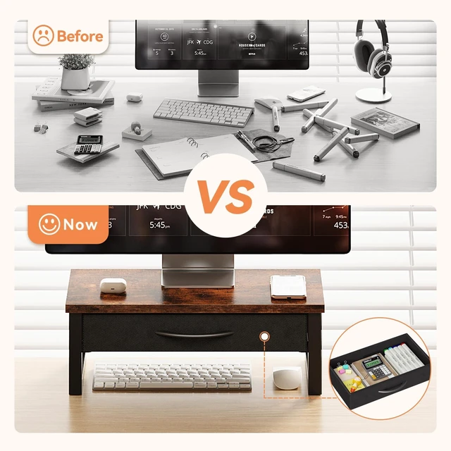 Alt view image 3 of 5 - HEWORLIF Computer Monitor Stand Riser with Drawer, 2-Tier Desk Accessories & Workspace Organizers, Laptop Stand for Desk with Storage, Office Organization, Wood