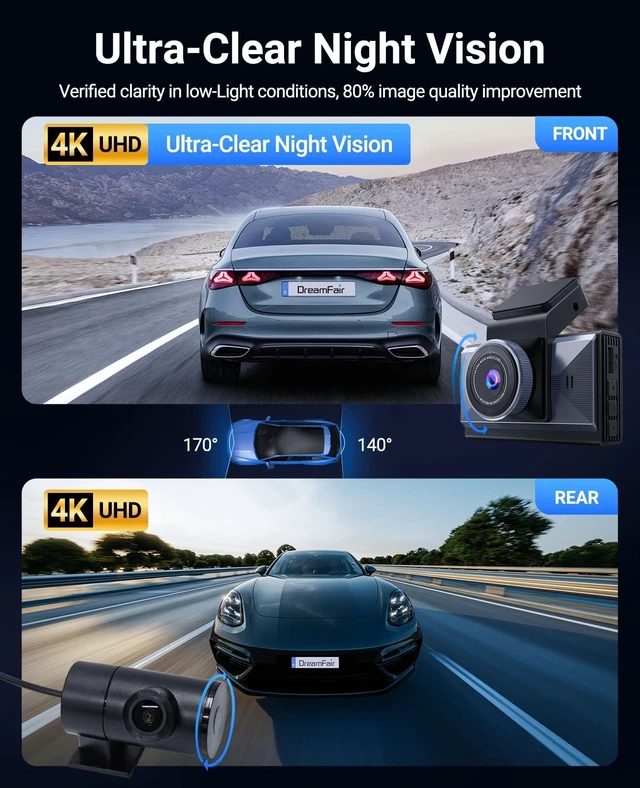 Alt view image 2 of 5 - 4K+4K Dash Cam Front and Rear, Enhanced Night Vision, Included 128GB Card